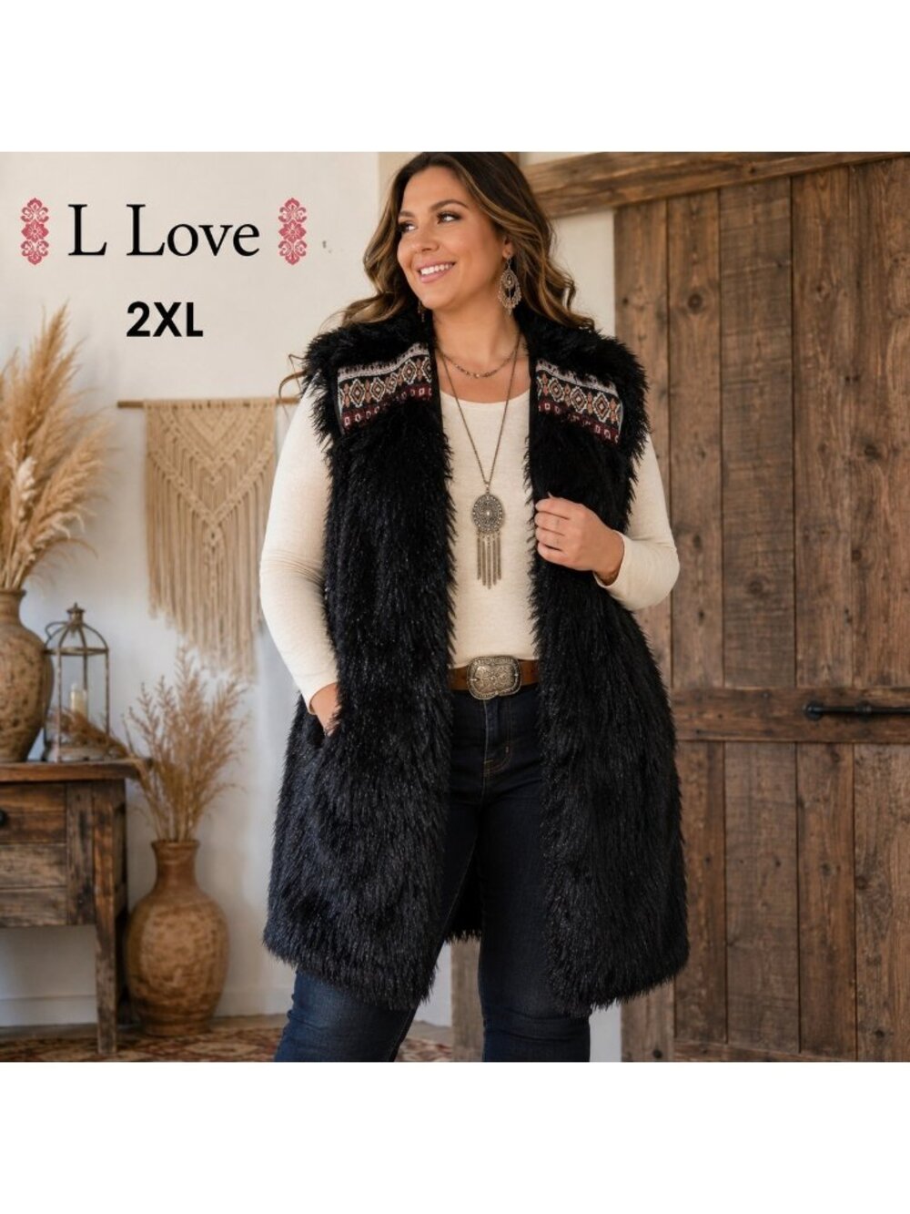 L Love Faux Fur Vest Womens 2XL Black Longline Boho Western Tapestry Plus Size
